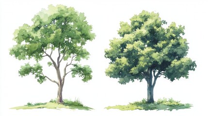 Watercolor Tree Side View Isolated on White Background for Landscape and Architecture Drawing