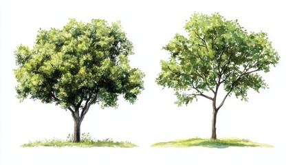 Obraz premium Watercolor Tree Side View Isolated on White Background for Landscape and Architecture Drawing