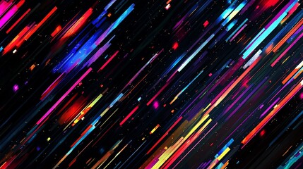 Abstract multicolored diagonal lines with a dark background and scattered pixels