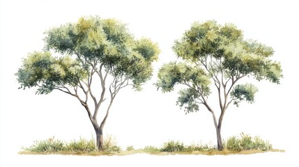 Fototapeta premium Watercolor Tree Side View Isolated on White Background for Landscape and Architecture Drawing