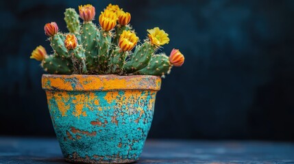 Blooming cactus in textured pot on dark surface, for home decor or nature background