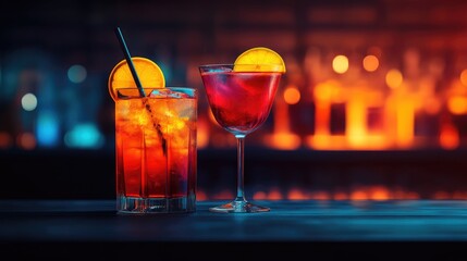 Vibrant Citrus Cocktails in Elegant Glassware Against Moody Bar Background