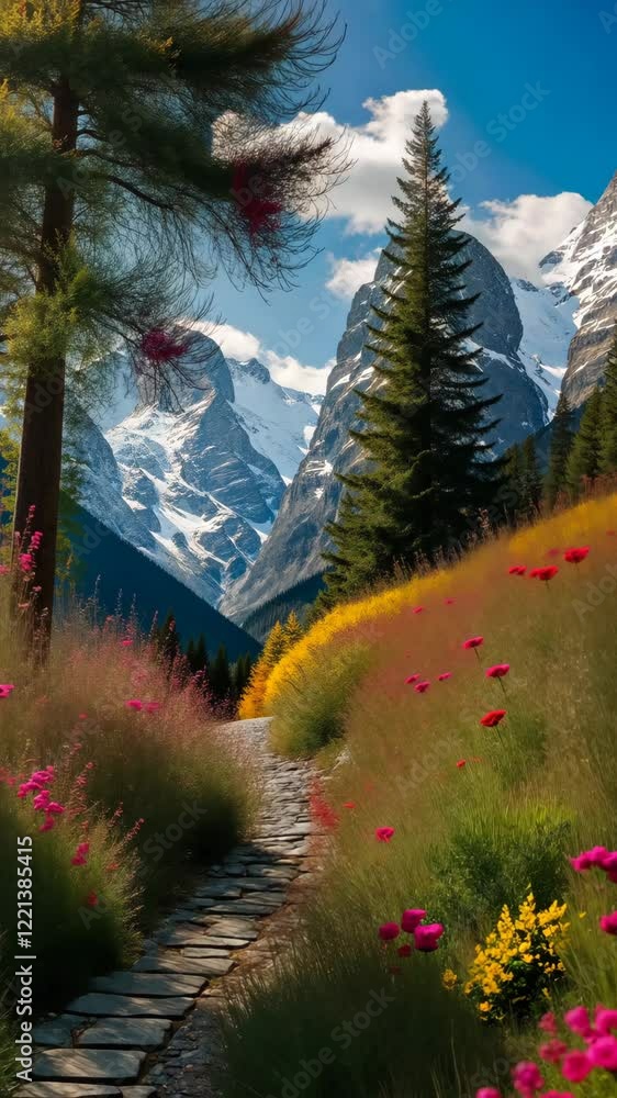 Poster a path through a field of flowers with a mountain in the background. the flowers are pink and yellow