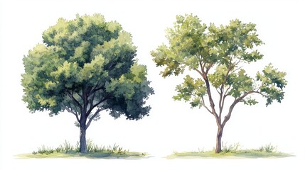 Obraz premium Watercolor Tree Side View Isolated on White Background for Landscape and Architecture Drawing