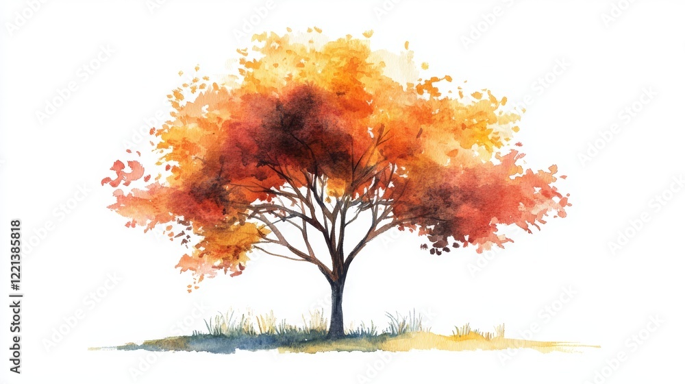 Poster watercolor tree side view isolated on white background for landscape and architecture drawing