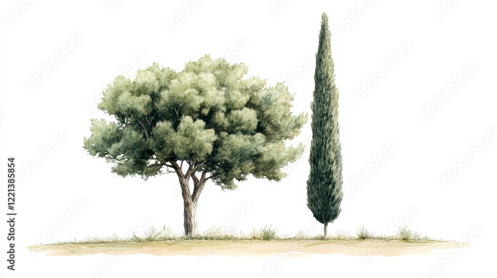Poster watercolor tree side view isolated on white background for landscape and architecture drawing