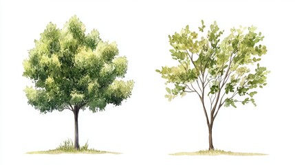Obraz premium Watercolor Tree Side View Isolated on White Background for Landscape and Architecture Drawing