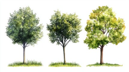 Obraz premium Watercolor Tree Side View Isolated on White Background for Landscape and Architecture Drawing