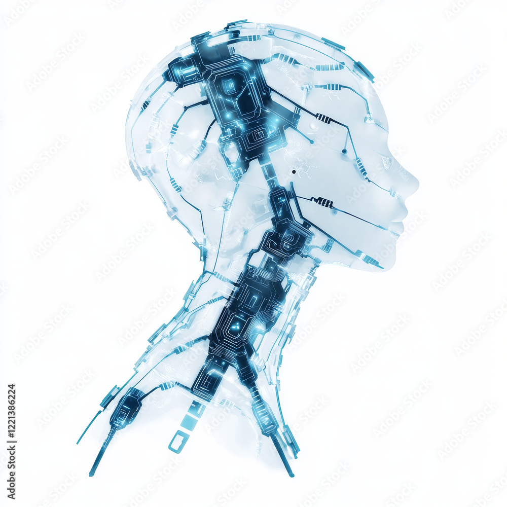 Poster futuristic robot assistant with transparent design and glowing circuits