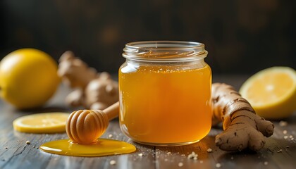 Golden Honey Jar with Lemon and Ginger: Rustic Still Life