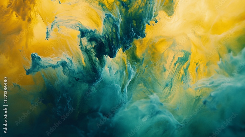 Poster abstract swirling patterns of yellow and teal fluid create a dreamy ethereal texture