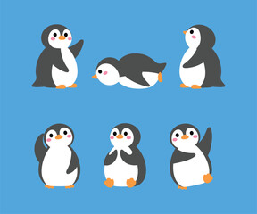 collection of cute penguin, sitting, raising wing, looking up, sliding, confuse, embracing, funny adorable penguin cartoon illustration