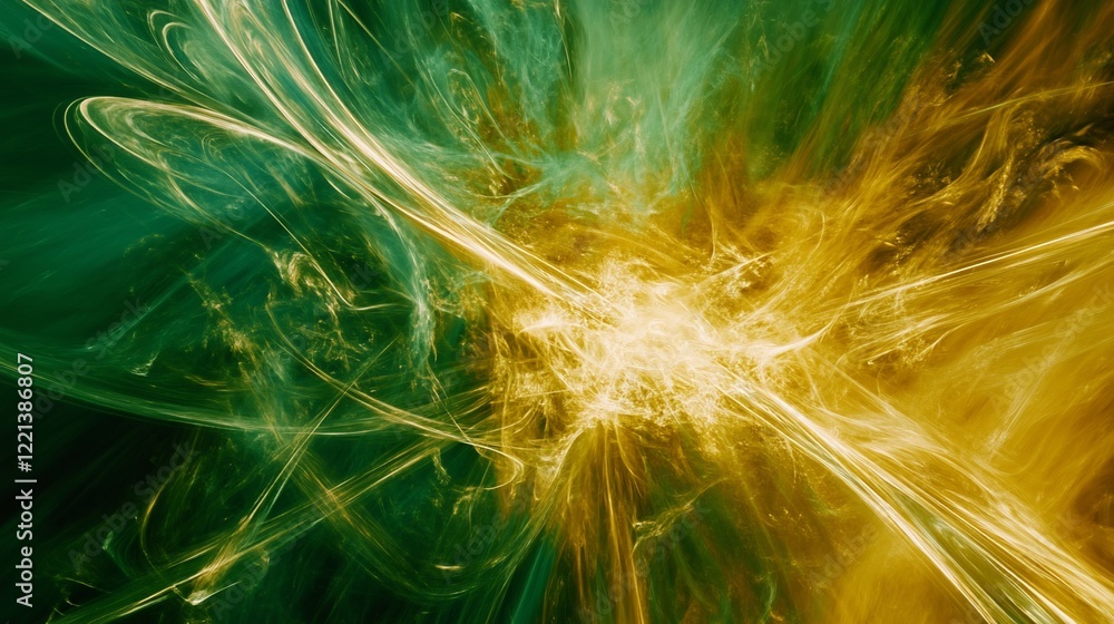 Poster abstract composition with dynamic swirls of golden and emerald green hues, creating an ethereal atmo