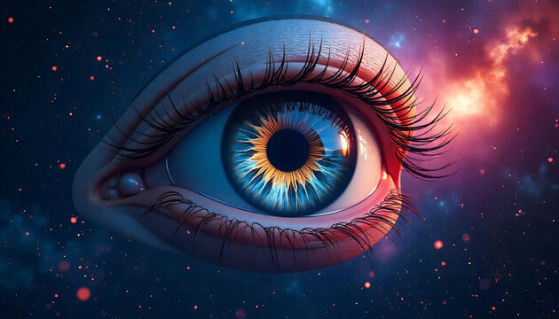 One big eye of the universe that sees everything. The background is a dark blue cosmos with many colorful galaxies,