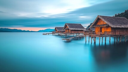 Fototapeta premium Tranquil wooden stilt houses over calm turquoise water with a mountain backdrop