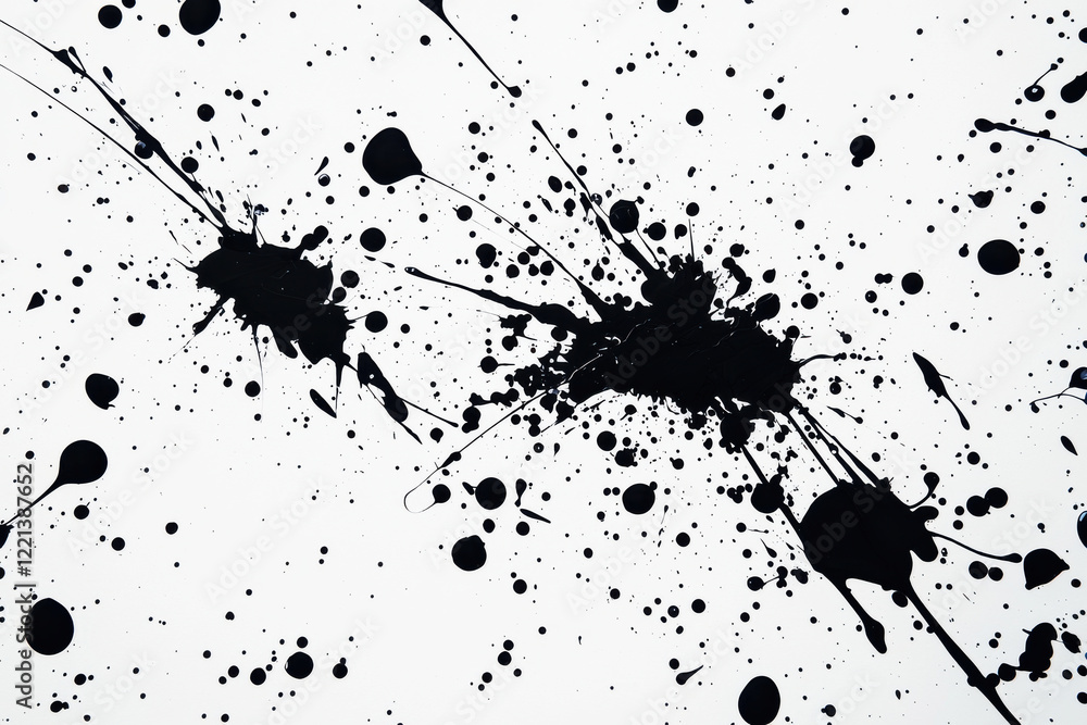 Poster dynamic black ink splatters create an abstract pattern on a stark white background showcasing expres