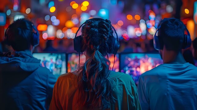 Young gamers wearing headphones watching esports tournament or streaming event with colorful bokeh lights and screens in dark atmosphere, perfect for gaming and entertainment concepts.