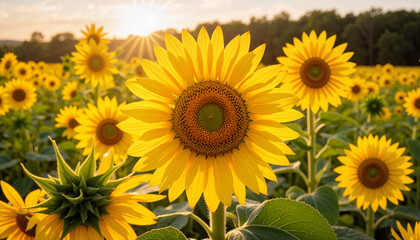 Obraz premium Vibrant sunflowers blooming in golden light, summer beauty