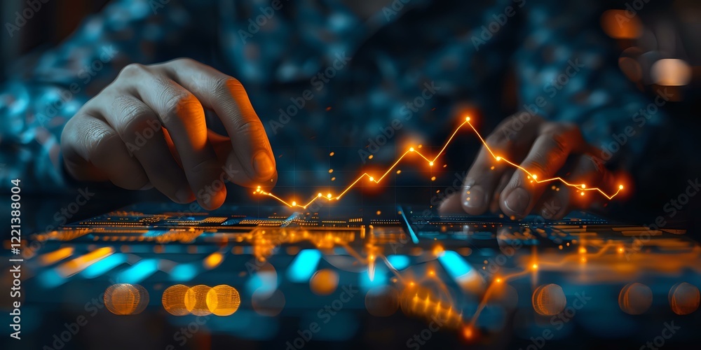 Poster financial analyst working with glowing orange market data charts and graphs on dark background with 