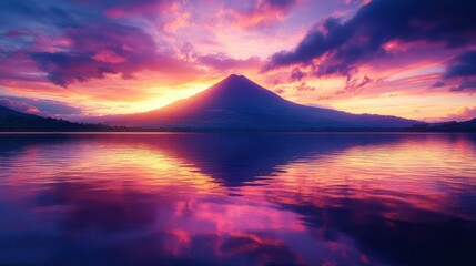 Majestic Volcanic Sunset Reflected in Calm Waters