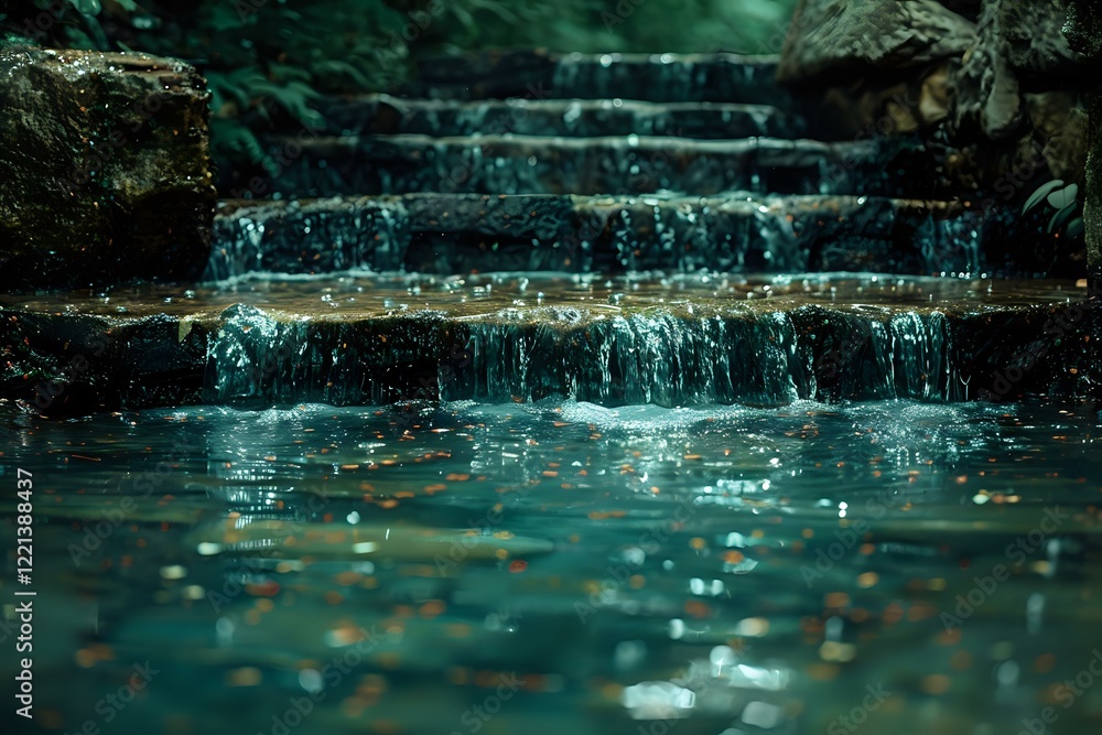 Poster tranquil cascading waterfall steps in forest create serene atmosphere with fallen autumn leaves floa