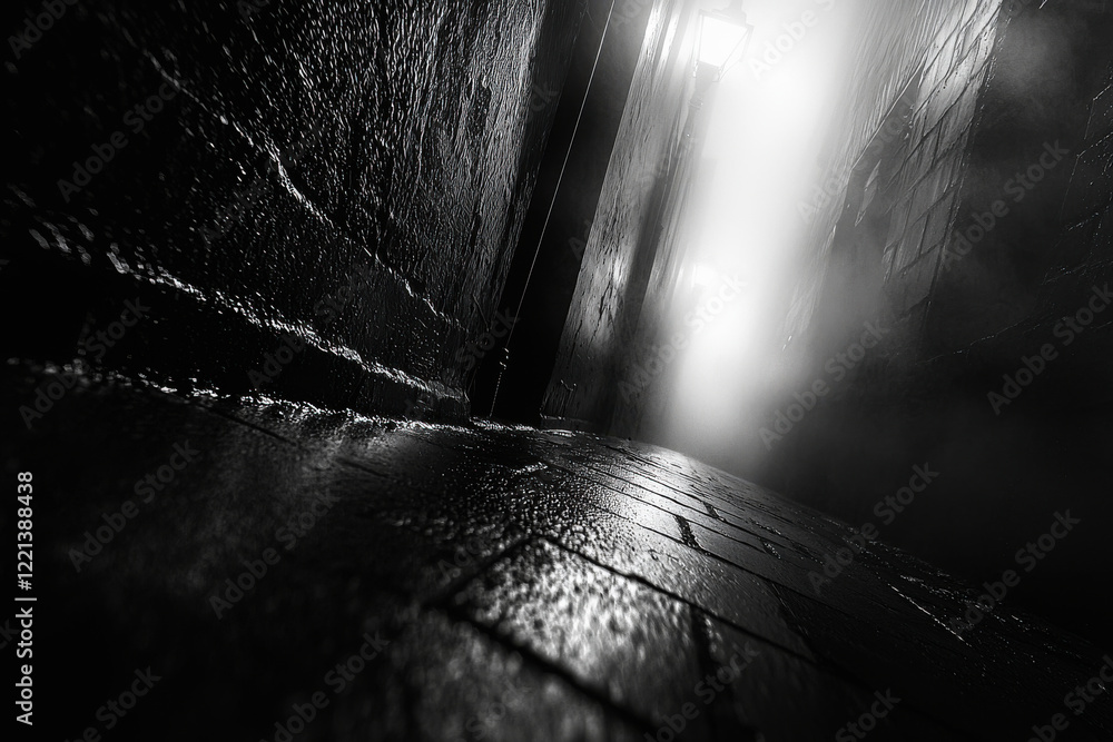 Poster moody fog envelops urban alley under dim streetlamp light creating ethereal shadows and sharp textur