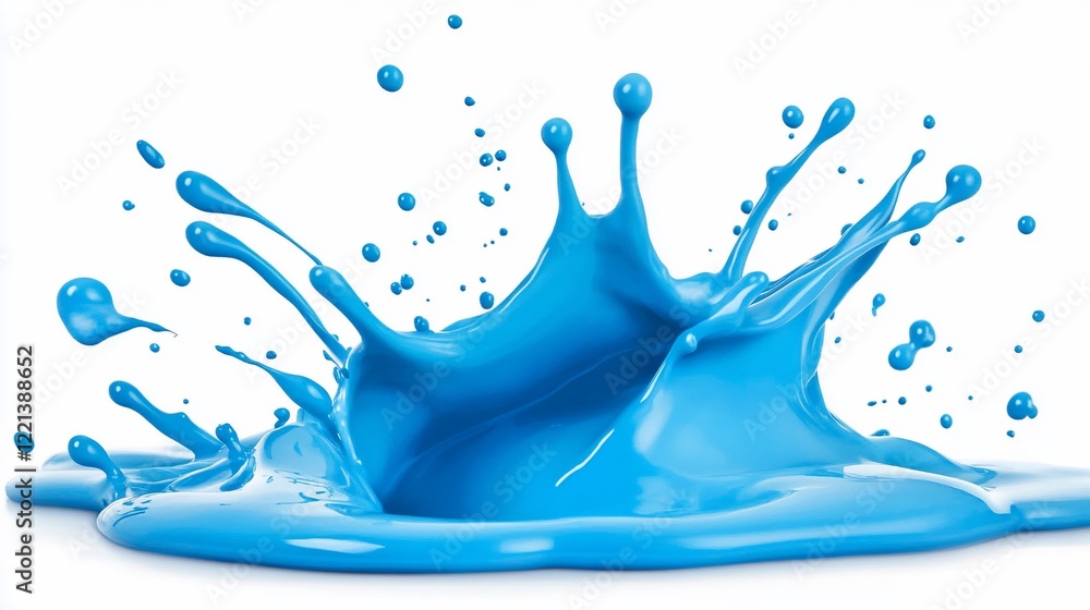 Poster a dynamic splash of blue liquid in mid-air creating a radial pattern against a white background