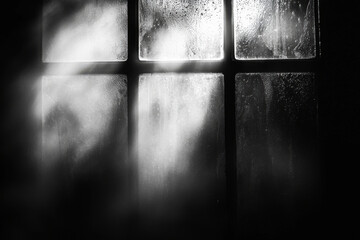 Foggy windowpane with sunlight softly filtering through, creating shadows and patterns in black and white