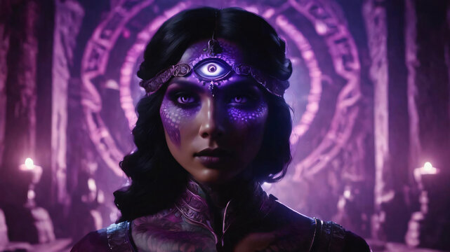 A mysterious black-haired woman with purple scales on her skin and a third eye in the middle of her forehead. The background is a purple cave.