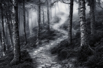Naklejka premium Winding trail through a foggy forest captures the essence of tranquility and mystery in black and white