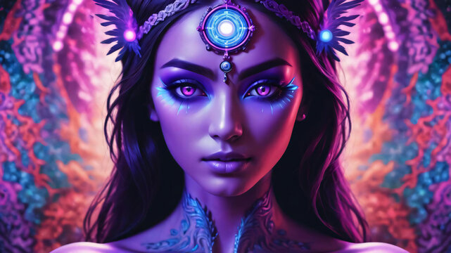 A young woman with black hair and purple skin had a third eye in the middle of her forehead. The background is a circular halo.