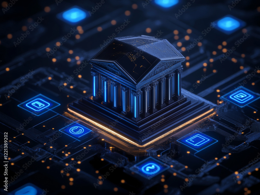 Poster dynamic 3d graphic showcasing digital bank structure with glowing elements, symbolizing finance and 
