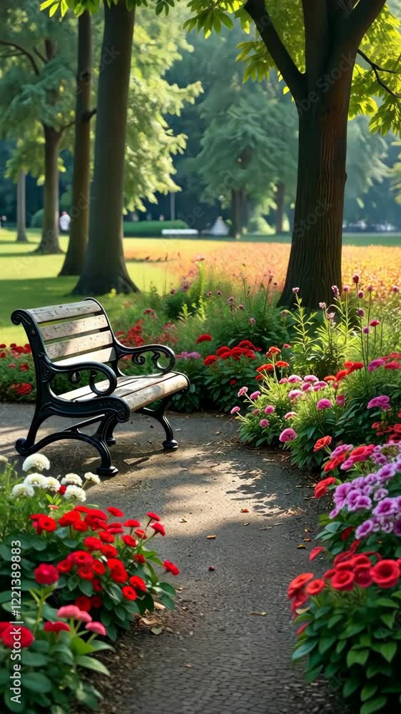 Aufkleber a bench is under a tree with flowers in the background. the bench is empty. the flowers are pink and