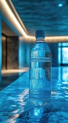 Naklejka premium Minimalist Water Bottle in Modern Interior with Blue Lighting Reflection