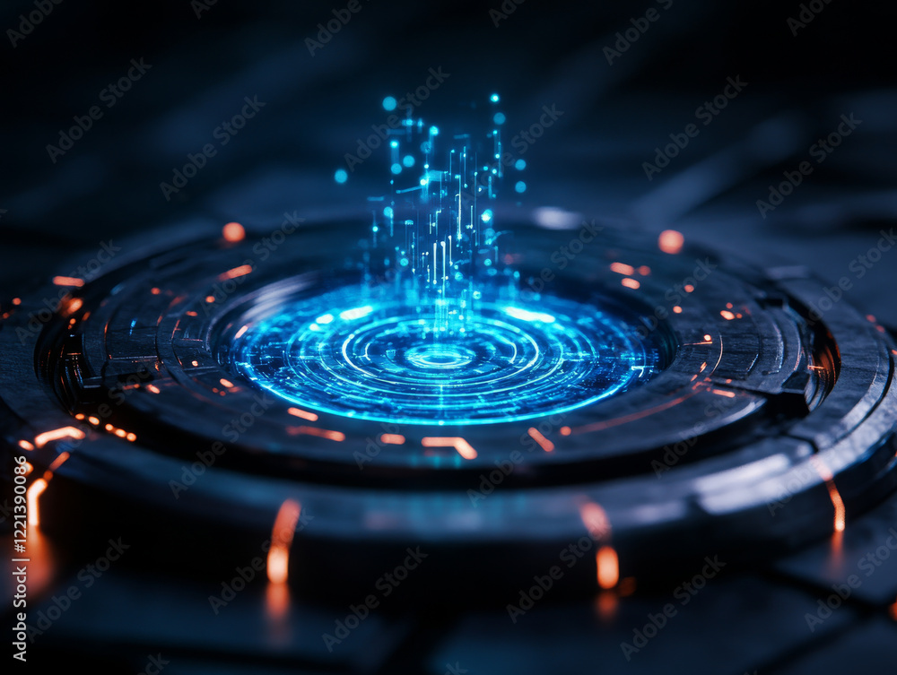 Aufkleber futuristic digital platform with glowing blue data streams and circular design