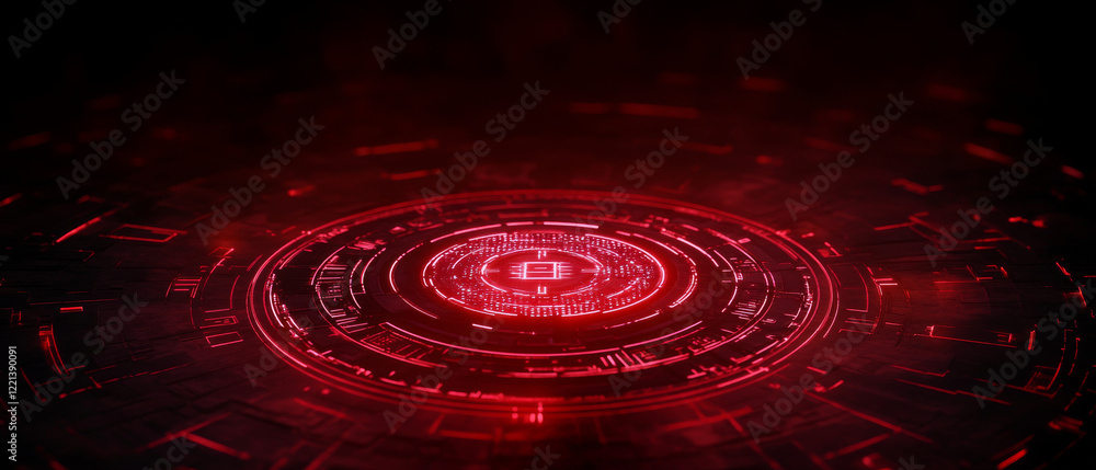 Poster futuristic red digital interface with glowing circular patterns and intricate designs