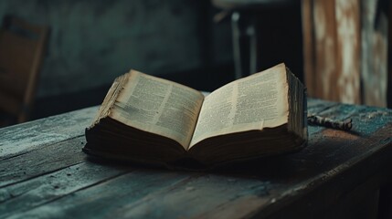 An open antique book with worn pages rests on a weathered wooden table indoors