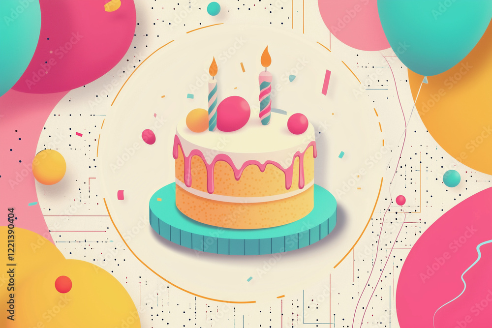 Poster cake with candles on it is surrounded by colorful balloons. the cake is decorated with frosting and 