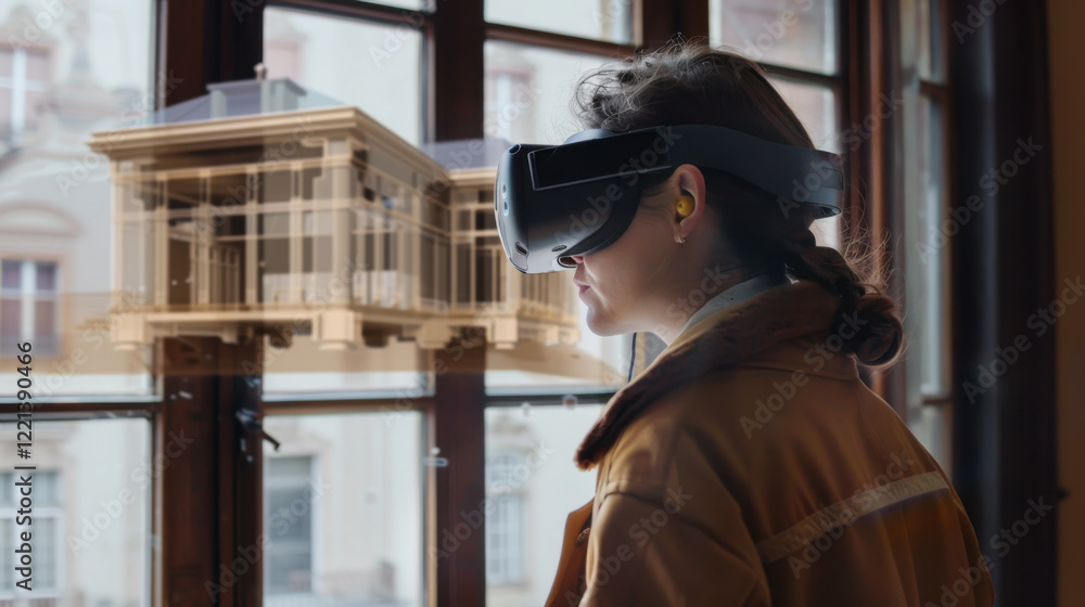 Aufkleber virtual reality user explores architectural designs in an indoor setting during a modern technologic