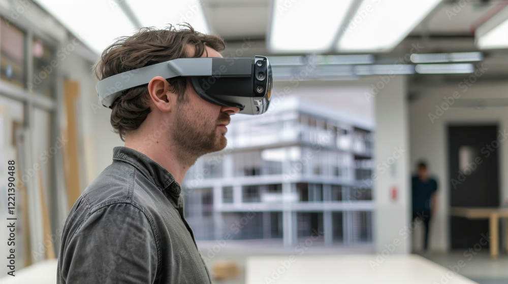 Aufkleber virtual reality user explores architectural designs in an indoor setting during a modern technologic