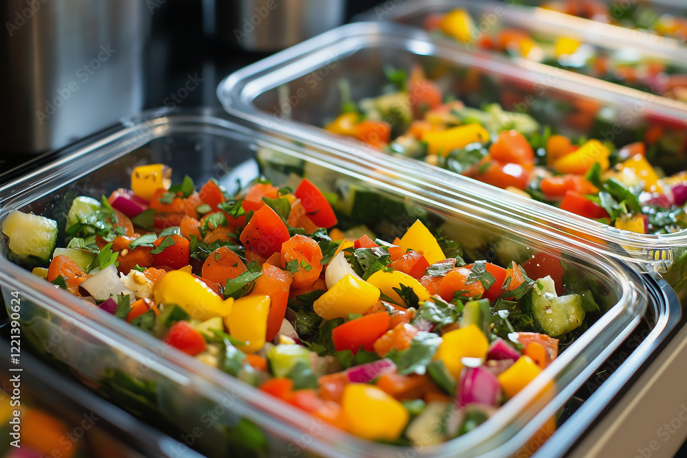 Poster row of clear plastic containers filled with a colorful salad. the salad is made up of a variety of v