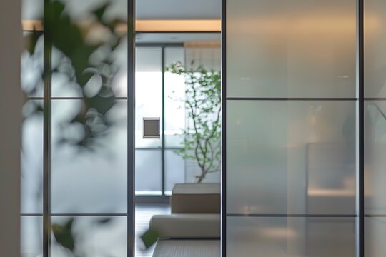 A frosted glass partition separates rooms, showcasing a minimalist interior with muted tones, a small plant, and soft natural light. The design is serene and modern. - Powered by Adobe