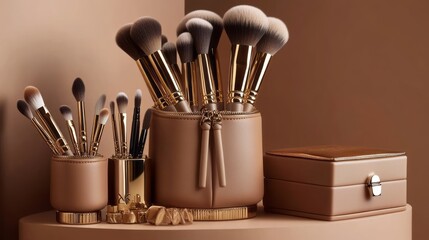 A social media post promoting a makeup brush set with an elegant gold and brown color scheme