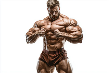 Fototapeta premium muscular man flexes his biceps in a pair of brown shorts. Concept of strength and power, as the man's muscles are prominently displayed. The man's pose and the contrast between his muscular physique