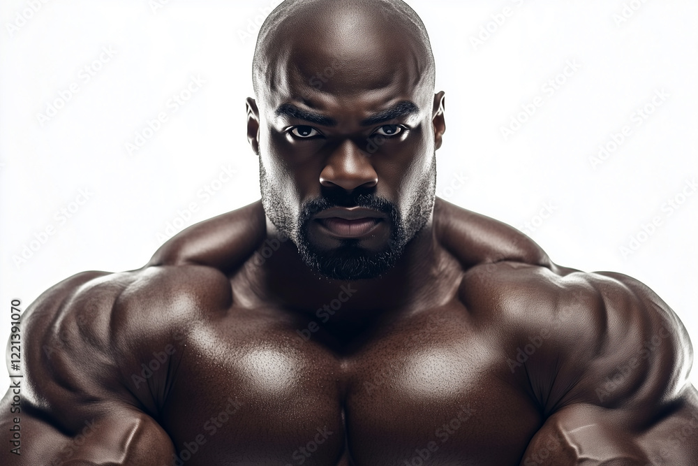 Poster man with a muscular build and a serious expression. he is the center of attention in the image