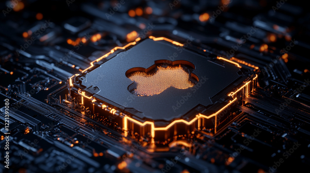 Poster futuristic circuit board with glowing elements and central design