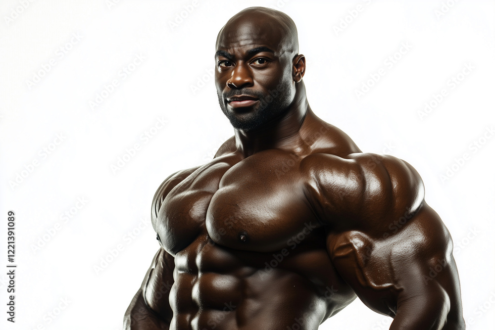 Poster man with a muscular build stands in front of a white background. he has a serious expression on his 