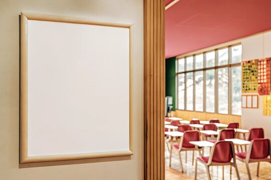 A sleek white poster mockup mounted on a smooth wooden wall, with a blurred modern classroom featuring red chairs and bright windows in the background.