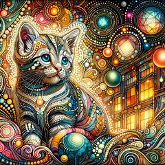 Obraz premium A cat with intricate patterns and vivid colors sits majestically amidst a swirl of celestial orbs and geometric designs. The warmly lit building, enhances the dreamlike quality of the scene. (Gen, A.