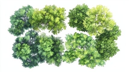 Watercolor Green Tree Plants Top View for Landscape Plan Schematic Layout Eco Environment Concept Design